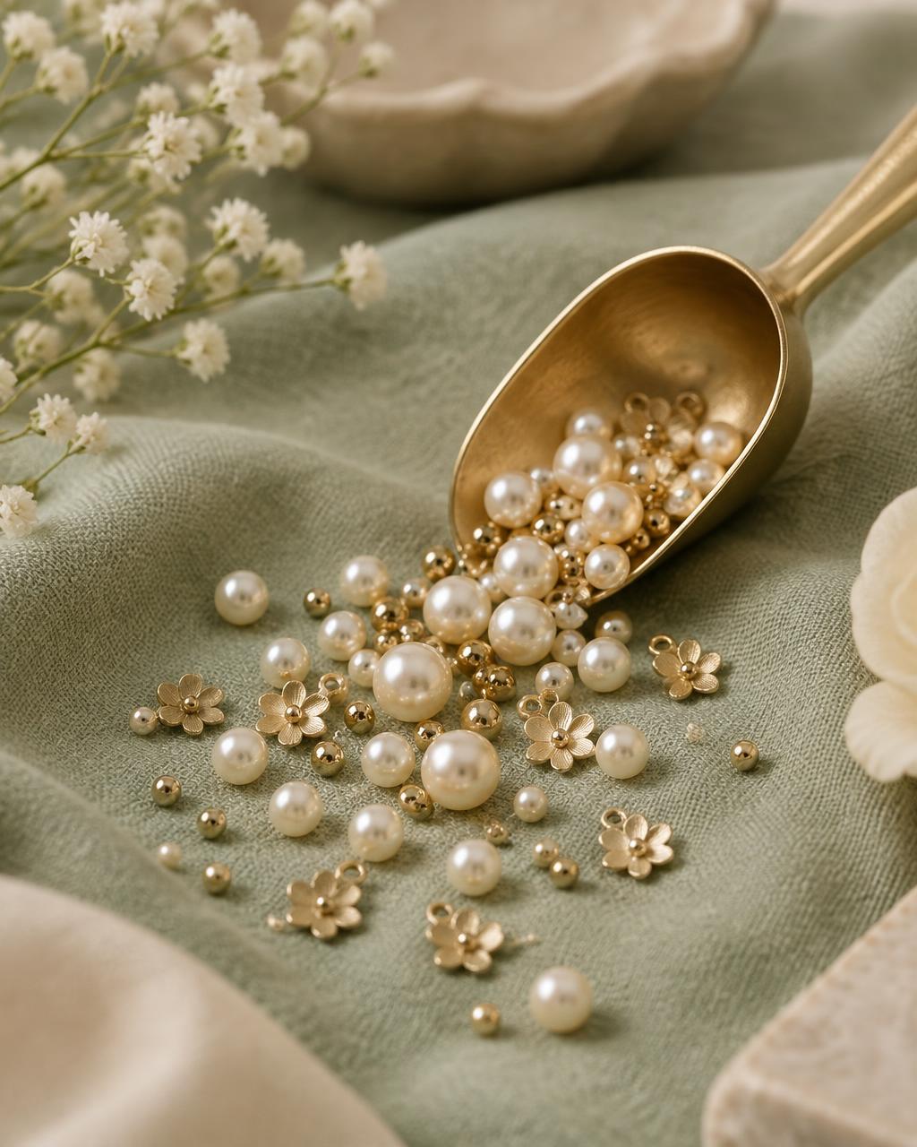 Scoop dourado com pérolas, bolinhas e florzinhas douradas
